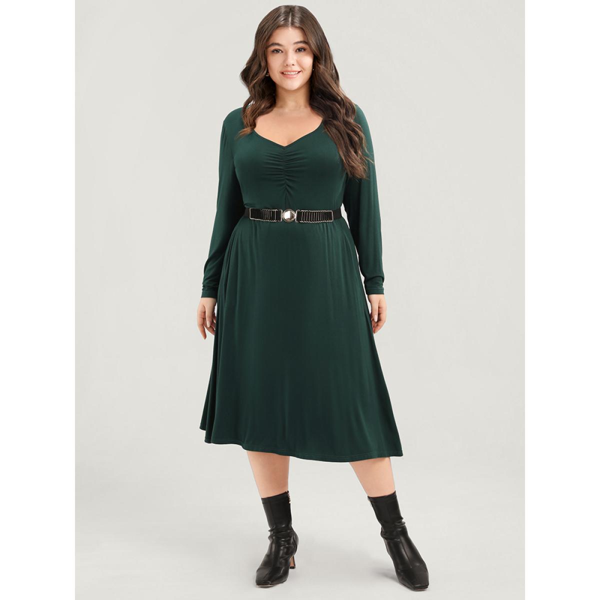 Plus Size Solid Pocket Gathered V Neck Midi Dress Without Belt ArmyGreen Women Elegant Gathered V-neck Long Sleeve Curvy Midi Dress BloomChic 14-16/1X Product Image