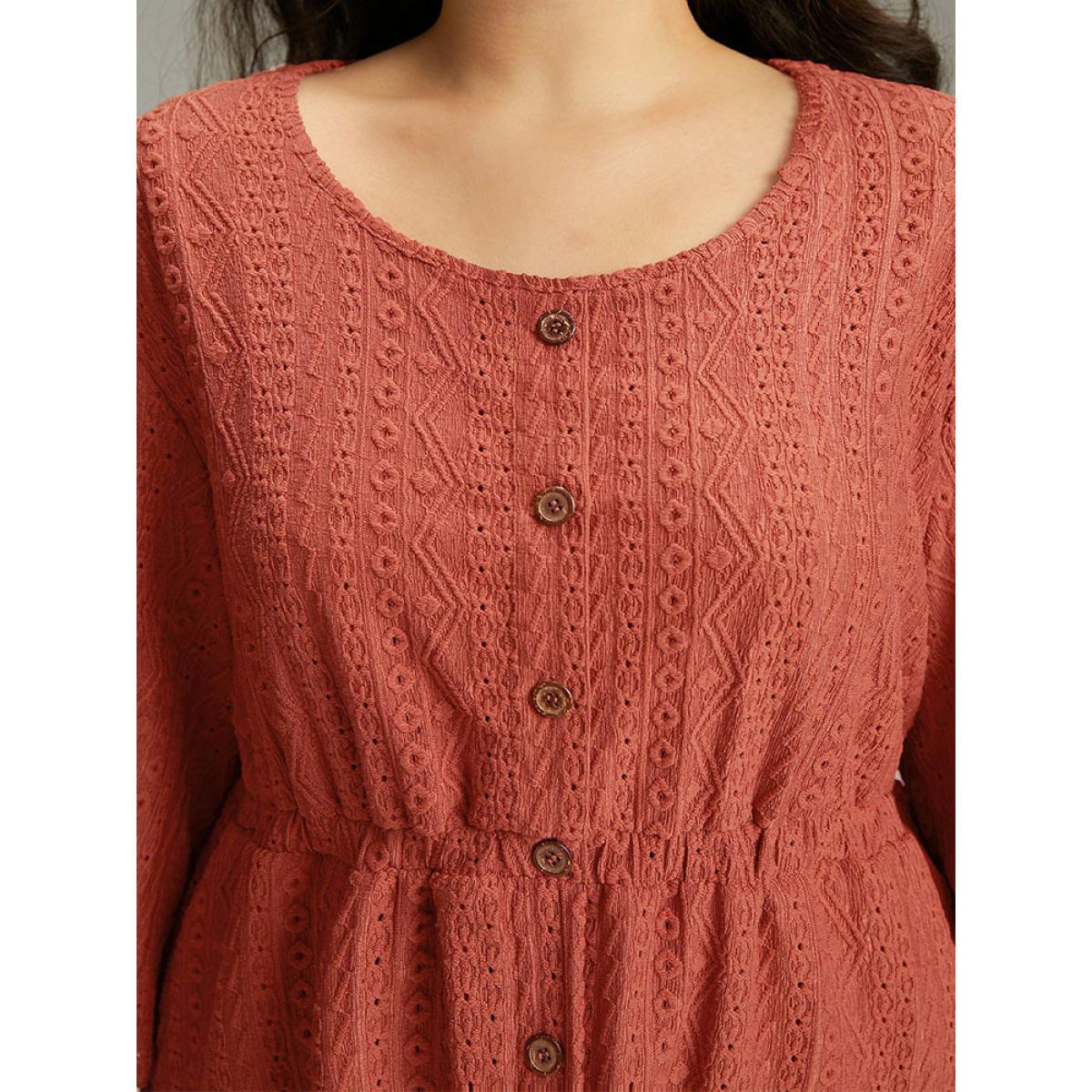 Plus Size Broderie Anglaise Button Through Pocket Dress Rust Women Casual Texture Round Neck Long Sleeve Curvy Knee Dress BloomChic 26/4X Product Image