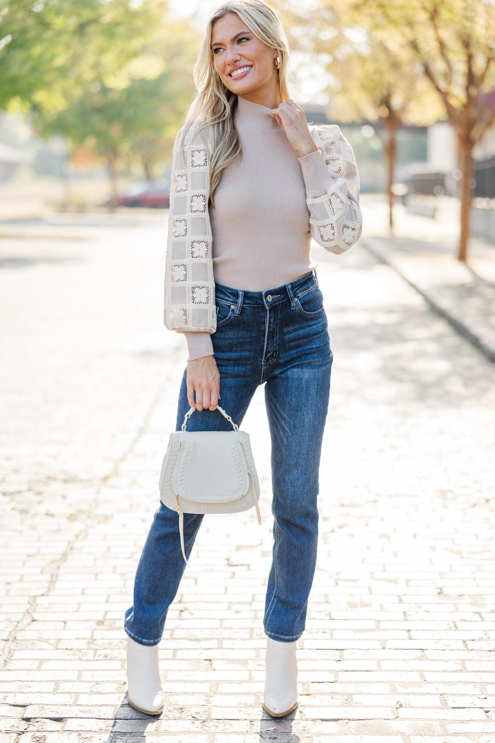 It's All Fair Light Mocha Crochet Sweater Female Product Image