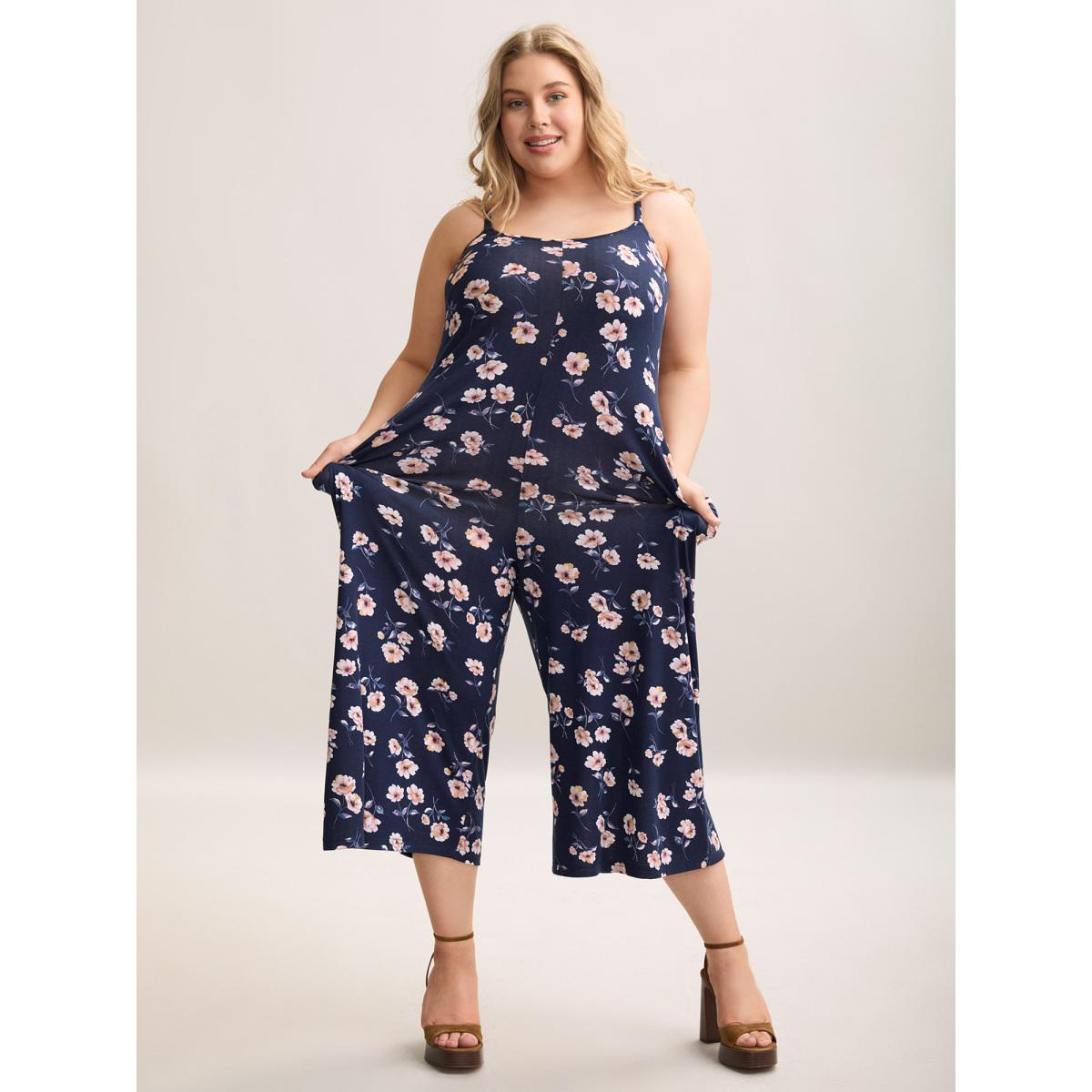 Plus Size DarkBlue Floral Print Adjustable Stretchy Pockets Jumpsuit Women Elegant Sleeveless Non Everyday-Elegant Loose Jumpsuits BloomChic 12/L Product Image