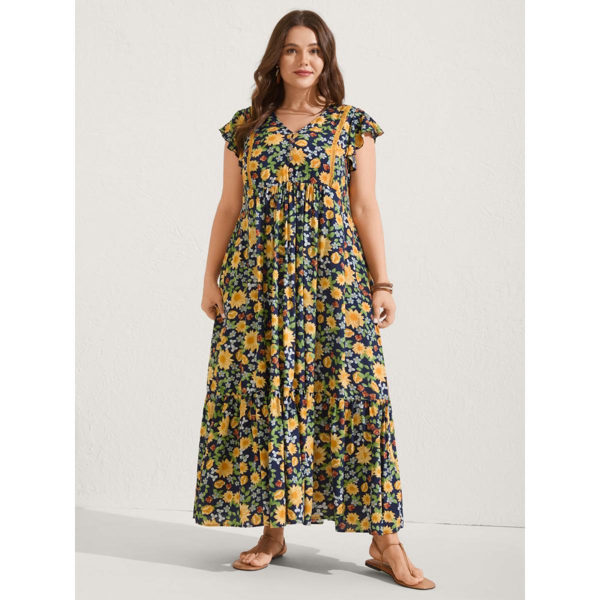 Plus Size Sweet Floral Lace Trim Tiered Maxi Dress Indigo Women V-neck Cap Sleeve Curvy BloomChic 28/5X Product Image