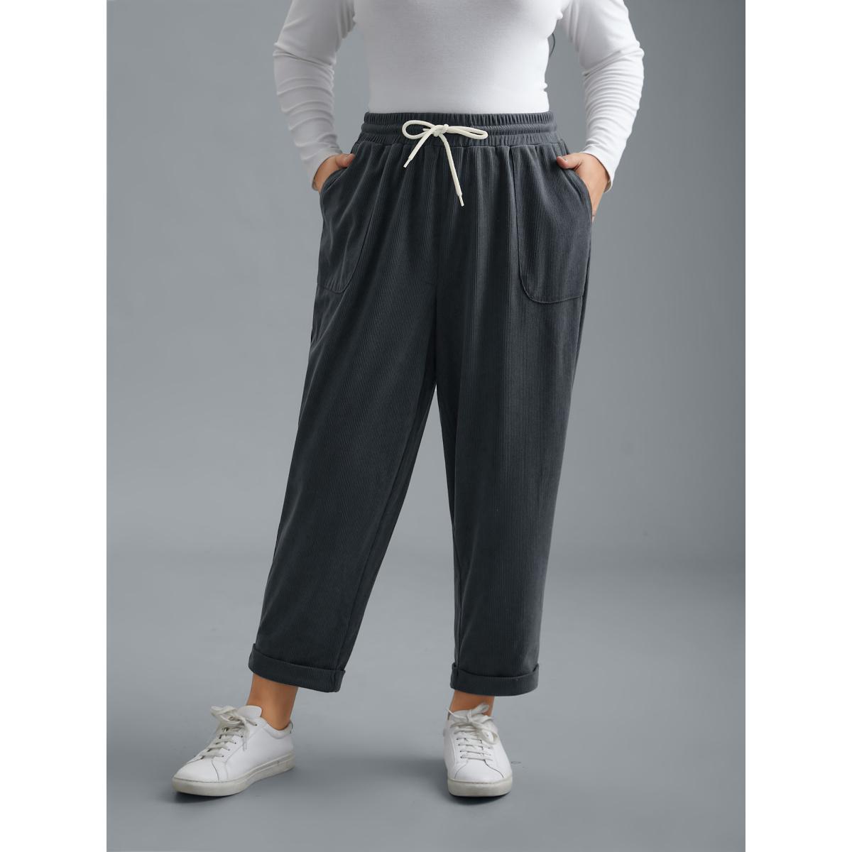 Plus Size Plain Drawstring Slant Pocket Roll Hem Pants Women SlateGray Casual Loose Mid Rise Everyday Pants BloomChic 14-16/1X Product Image