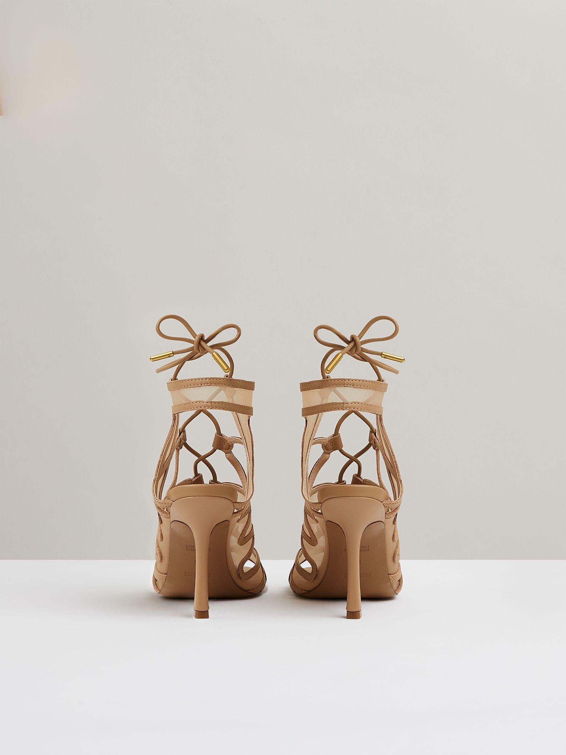 Mesh Leather Strappy Heels in Neutral Product Image