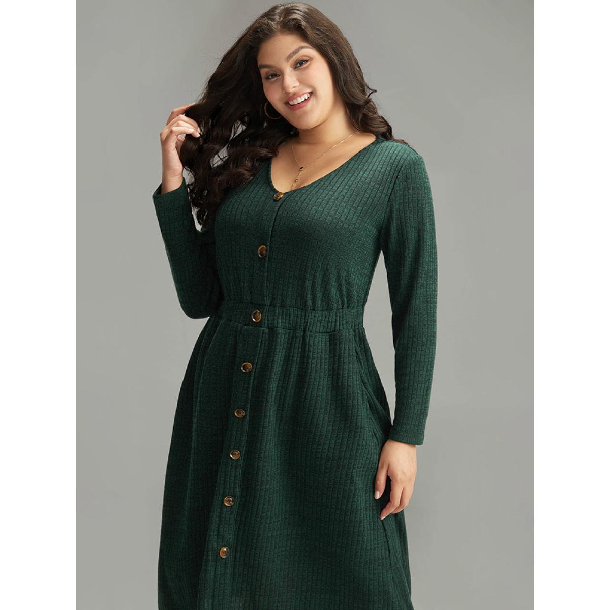 Plus Size Rib Knit Button Detail Pocket Dress DarkGreen Women Casual Plain V-neck Long Sleeve Curvy Midi Dress BloomChic 28/5X Product Image