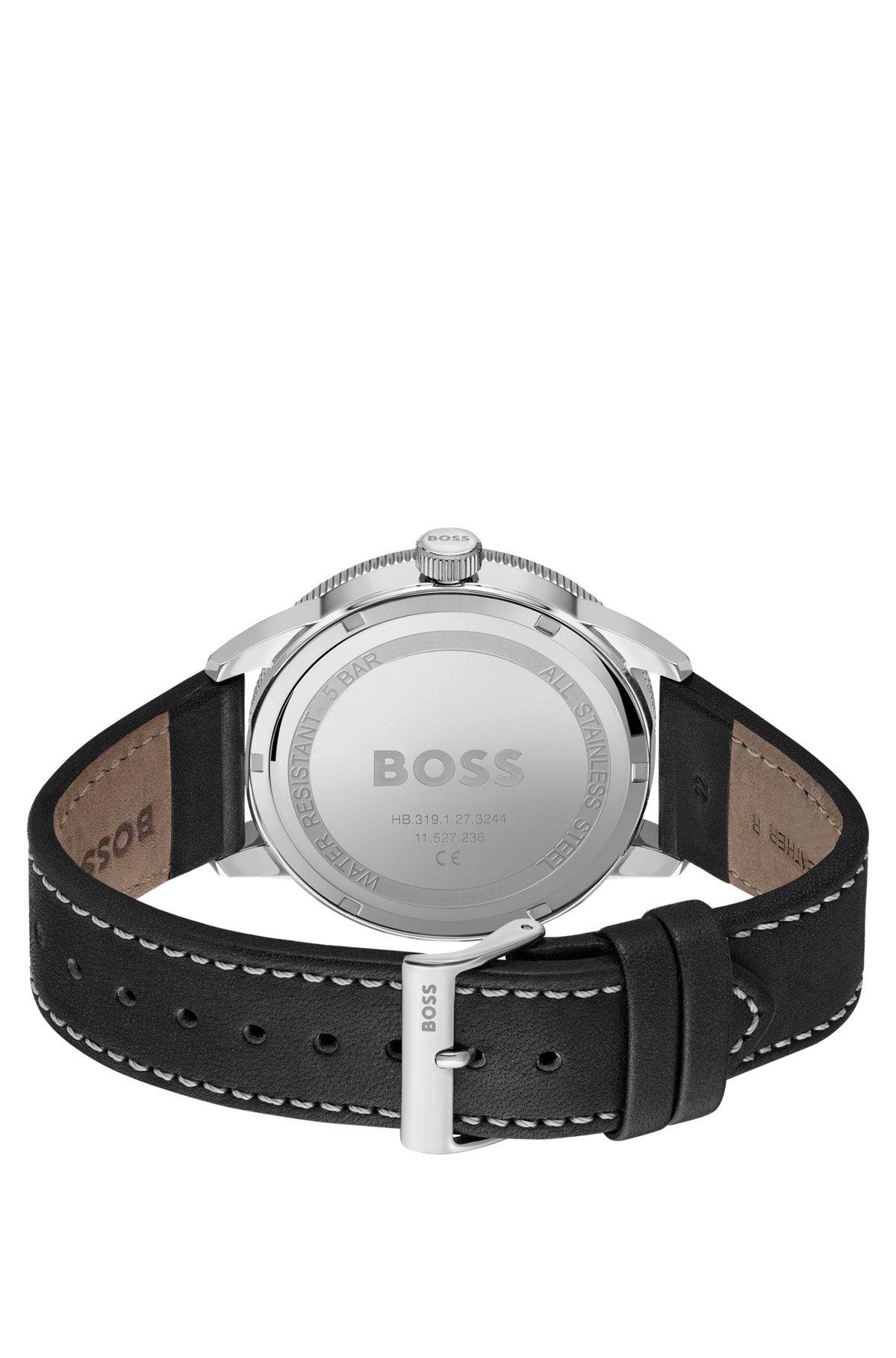 Leather-strap watch with black dial Product Image