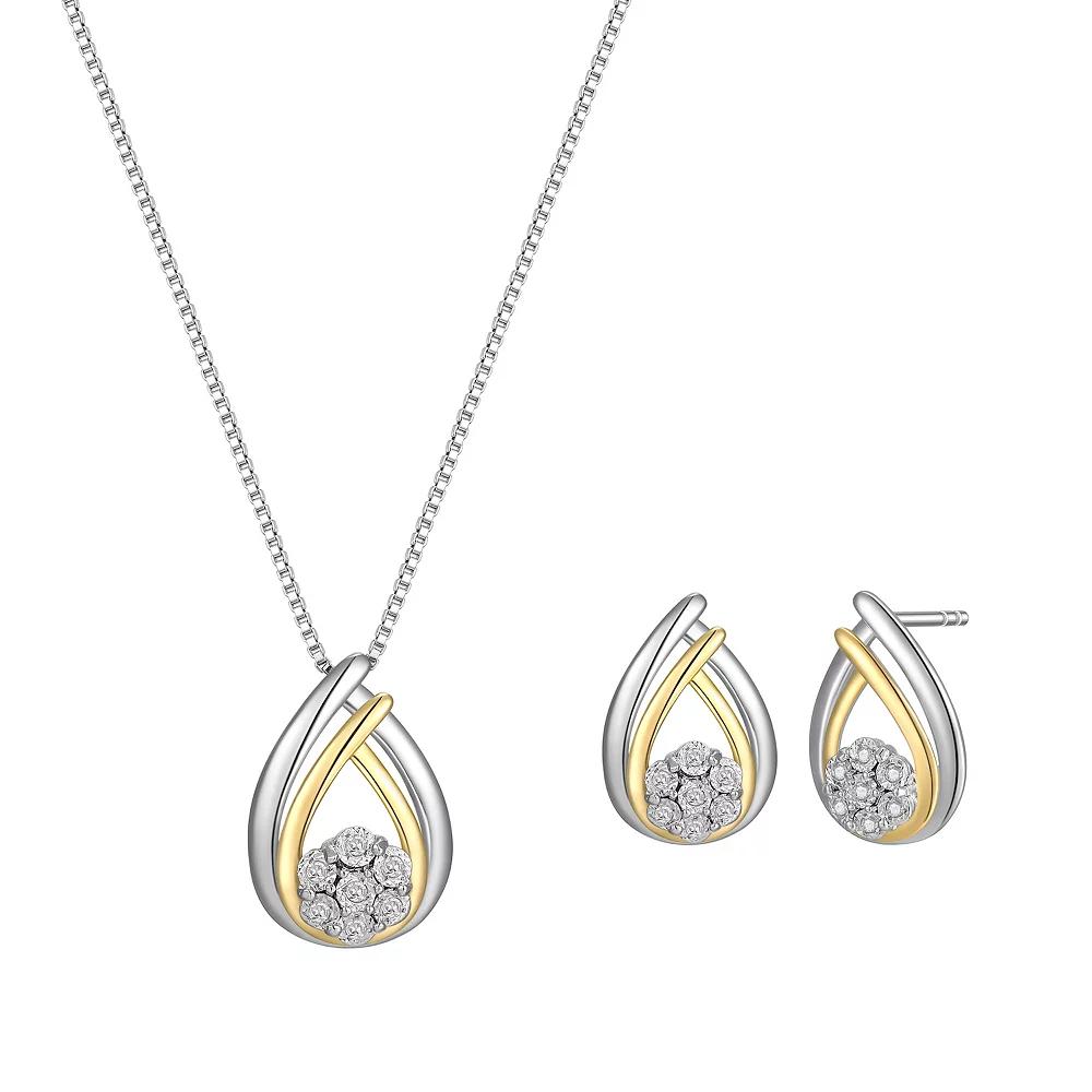 Two Tone Sterling Silver 1/10 Carat T.W. Diamond Teardrop Earrings and Pendant Necklace Set, Women's, Size: 18" Product Image