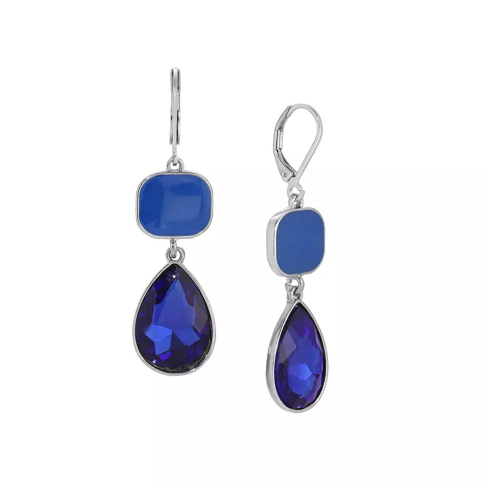 1928 Silver Tone Blue Double Teardrop Leverback Earrings, Women's Product Image