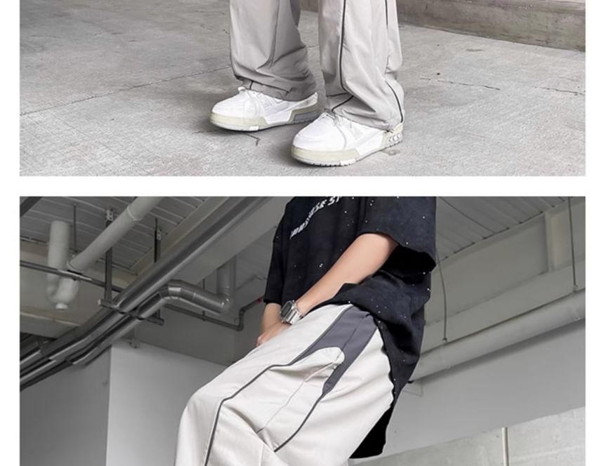 Drawstring Waist Two Tone Panel Straight Leg Track Pants Product Image