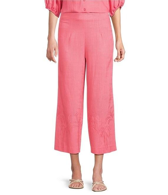 Investments Palm Tree Embroidery Pull-On Wide Leg Crop Coordinating Pants Product Image