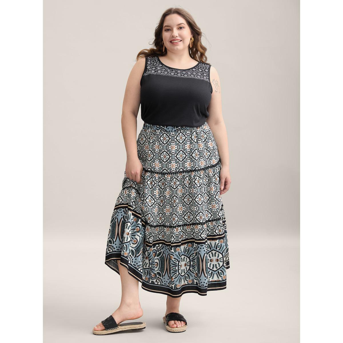 Plus Size Boho Print Spliced Tiered Maxi Skirt Women BlackFlower Resort Patchwork Loose No stretch Side seam pocket Vacation Skirts BloomChic 28/5X Product Image