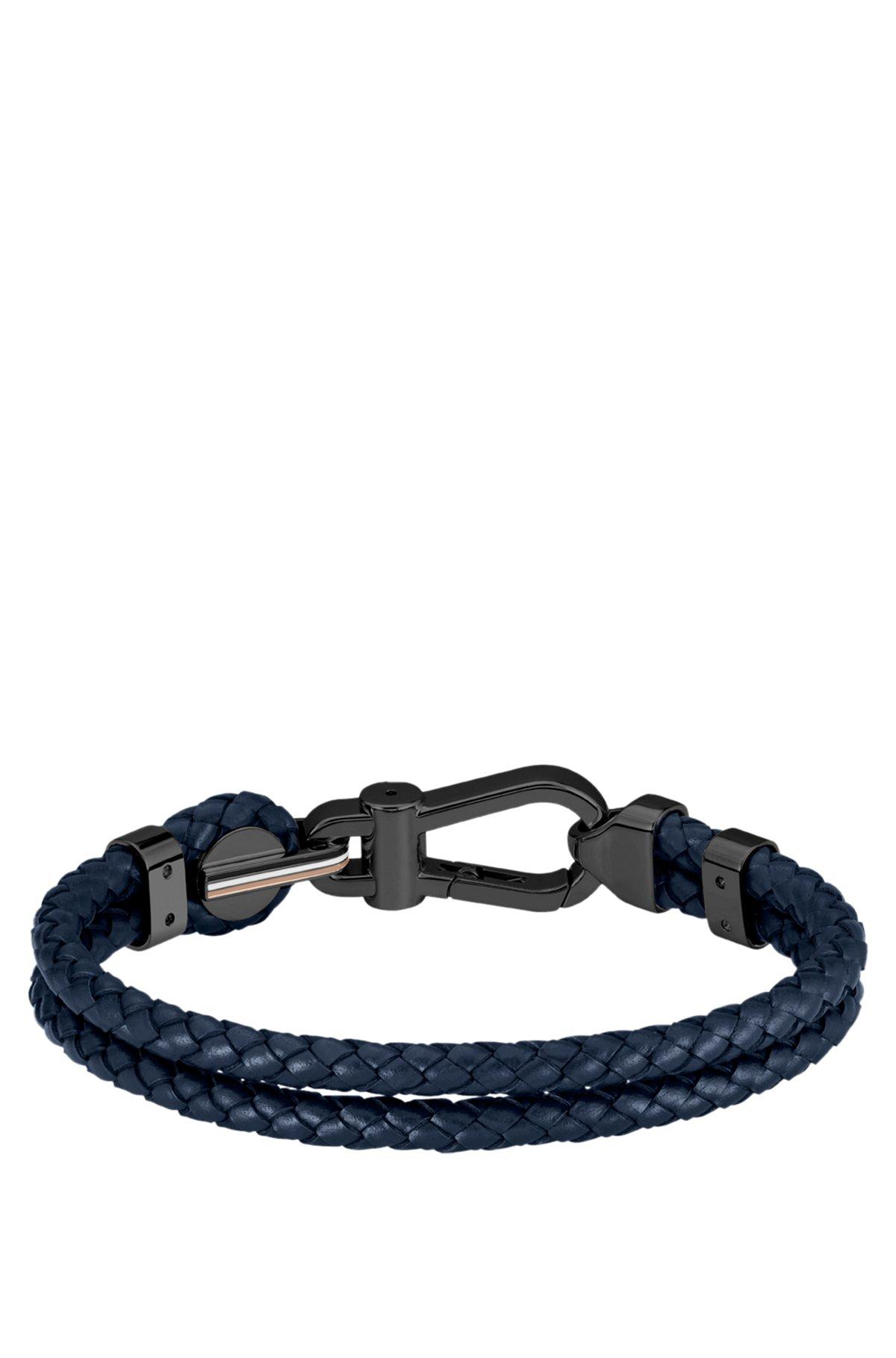 Blue braided-leather cuff with black carabiner closure Product Image