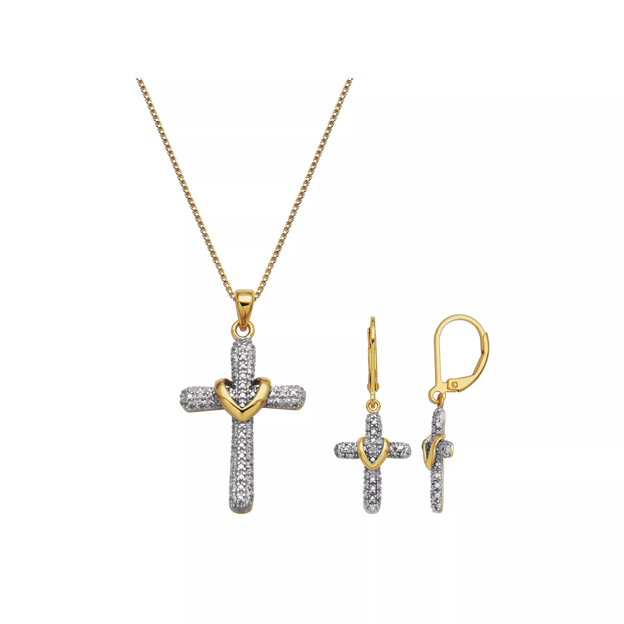 18K Gold Over Sterling Silver Diamond Accent Cross Earrings and Pendant Necklace Set, Women's, Size: 18", Gold Tone Product Image