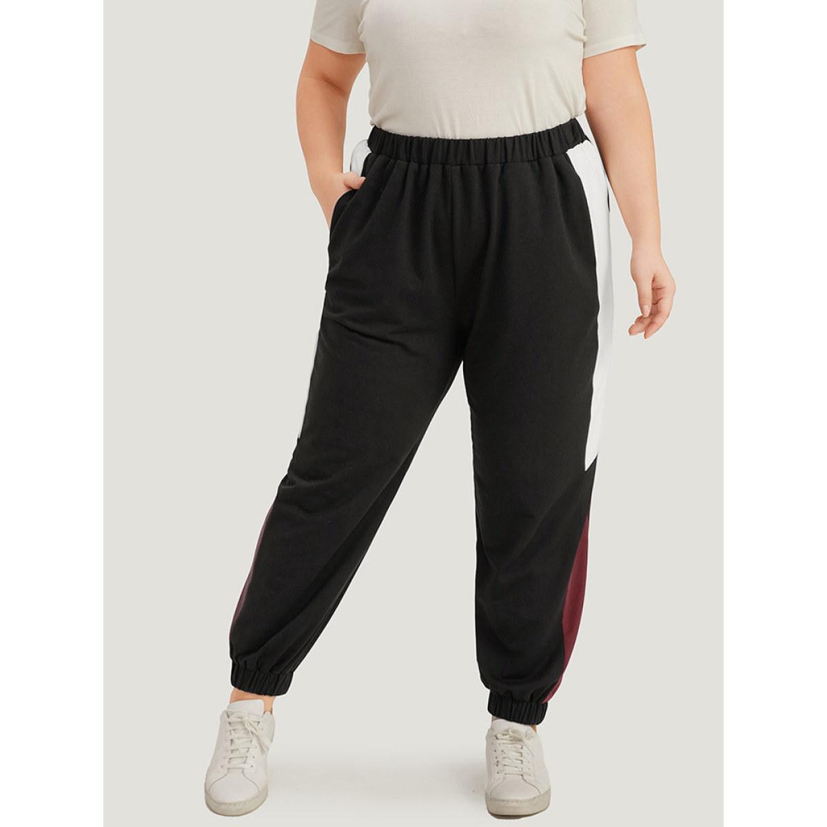 Contrast Patchwork Pocket Elastic Waist Carrot Sweatpants Black Plus Size Women Casual Dailywear Contrast 12/L Bloomchic Product Image