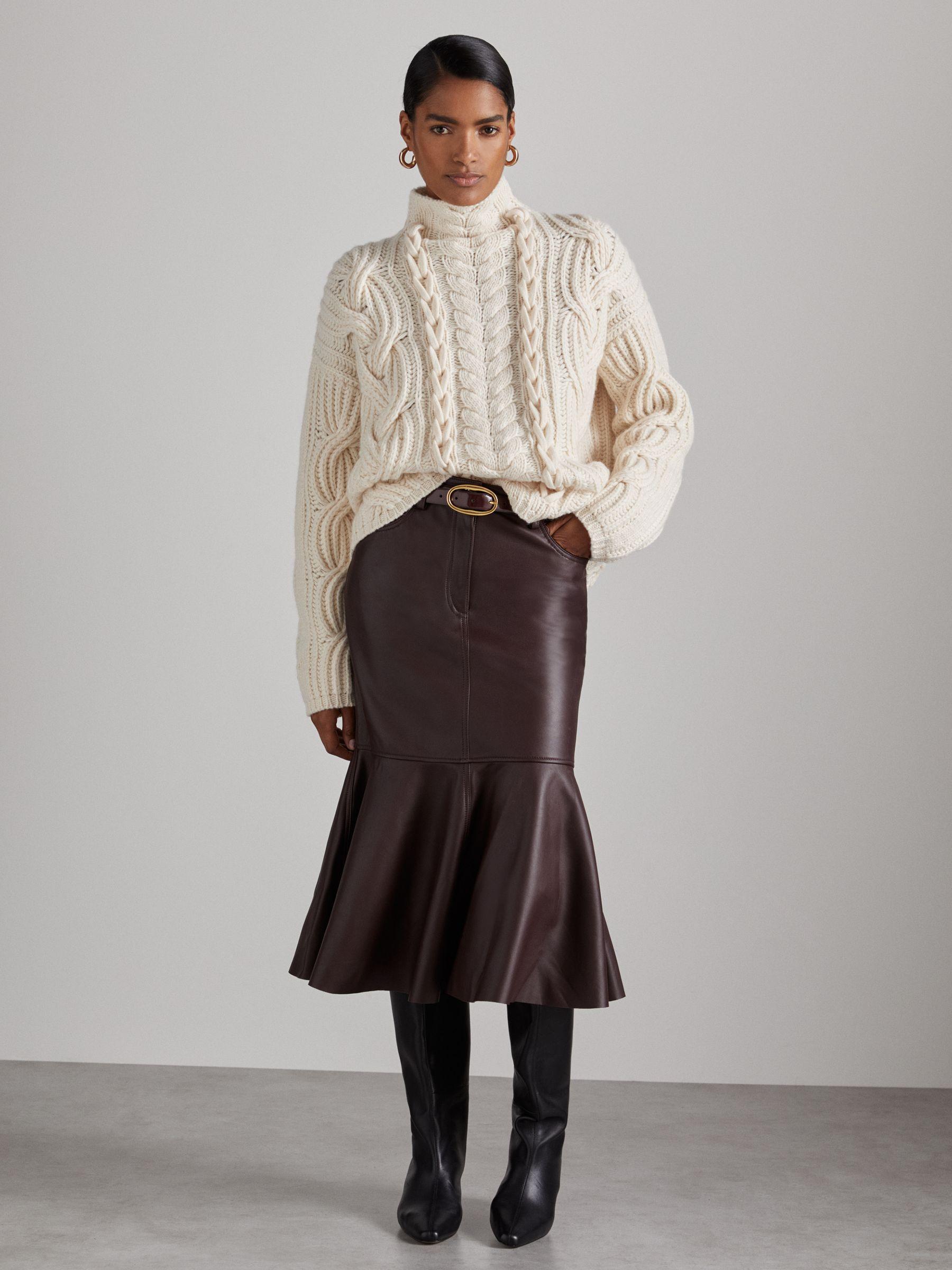 Atelier Leather Fluted Midi Skirt in Burgundy Product Image