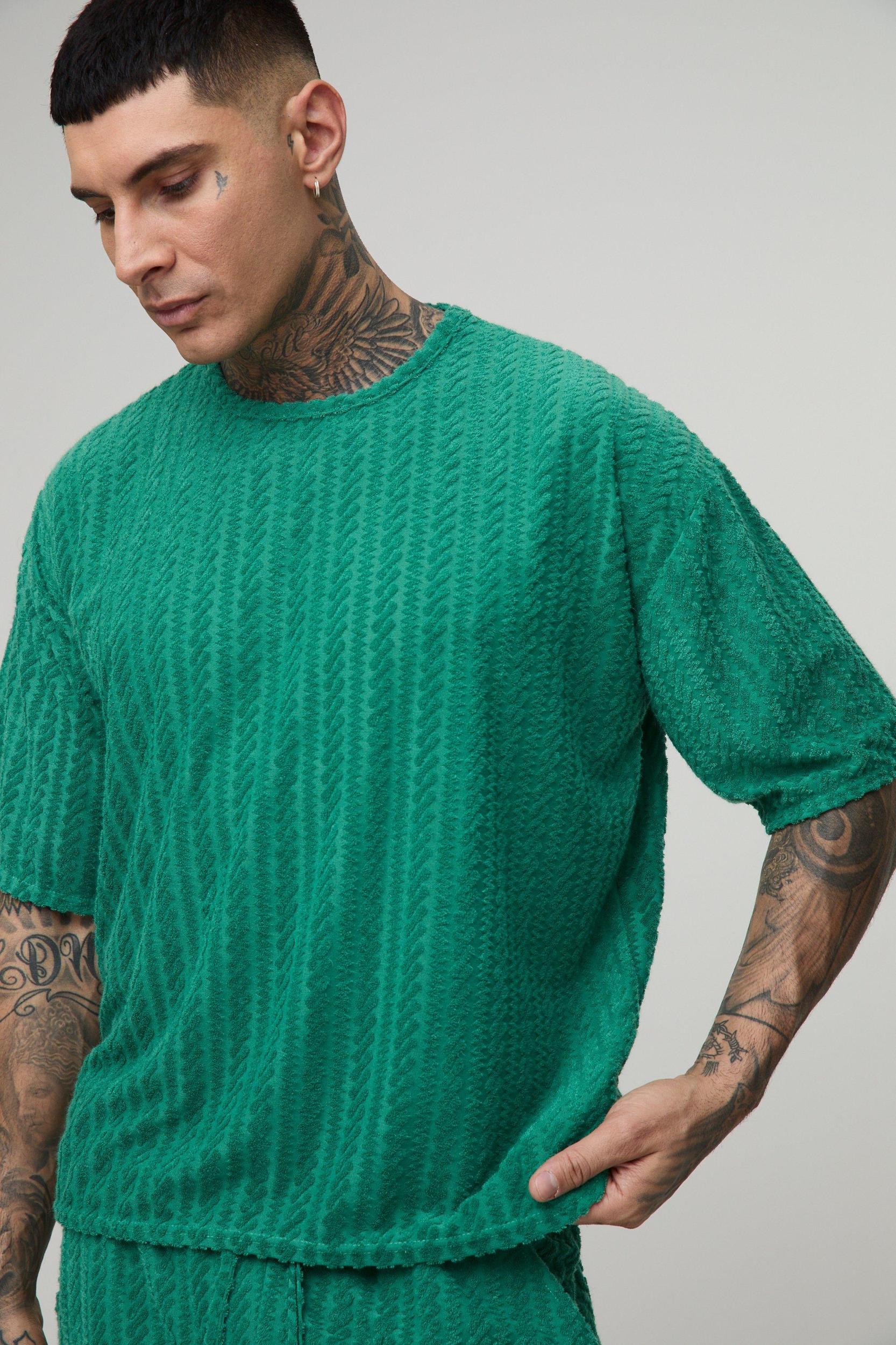 Tall Oversized Towelling Jacquard T-Shirt & Short Set | boohooMAN USA Product Image