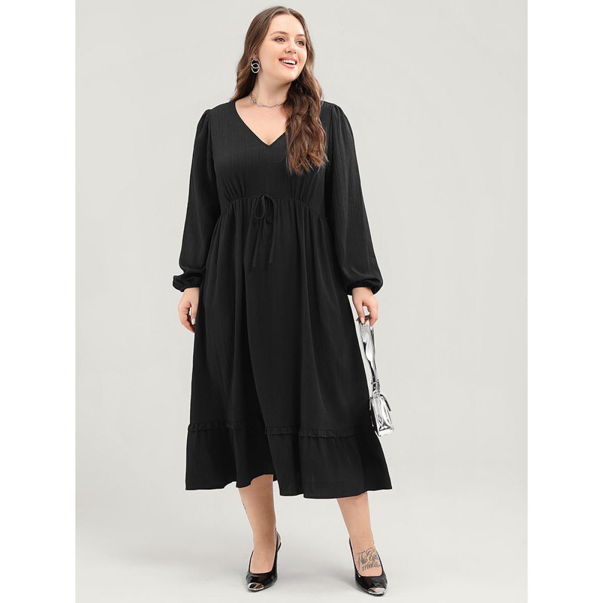 Plus Size Solid Lantern Sleeve Pocket Textured Ties Up Flutter Dress Black Women Office V-neck Long Sleeve Curvy Midi Dress BloomChic 26/4X Product Image