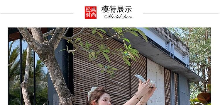 Maternity Set: Sleeveless Round Neck Plaid Peplum Top + Drawstring Waist Panel Wide Leg Pants Product Image