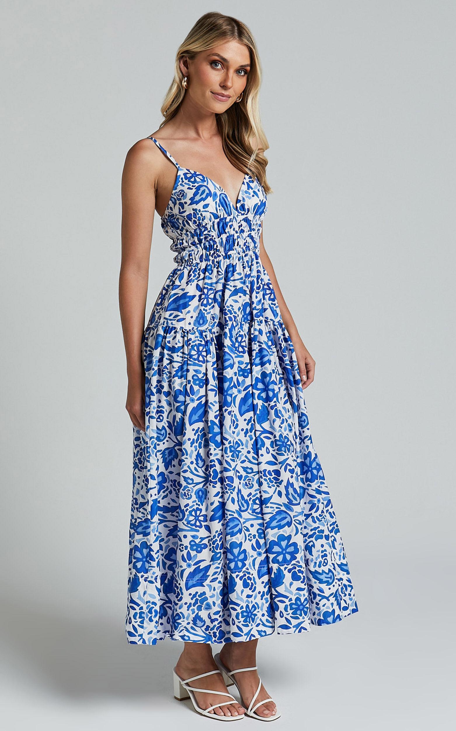 Cheri Midi Dress - Strappy Fit and Flare Tiered Dress in Blue Floral Product Image