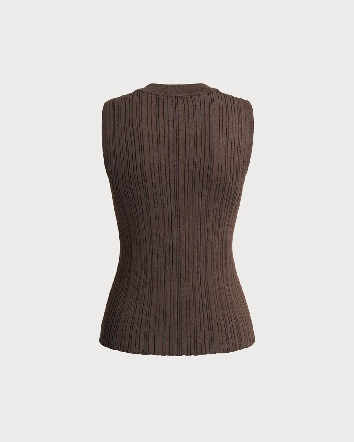 Brown Round Neck Knit Tank Top Product Image