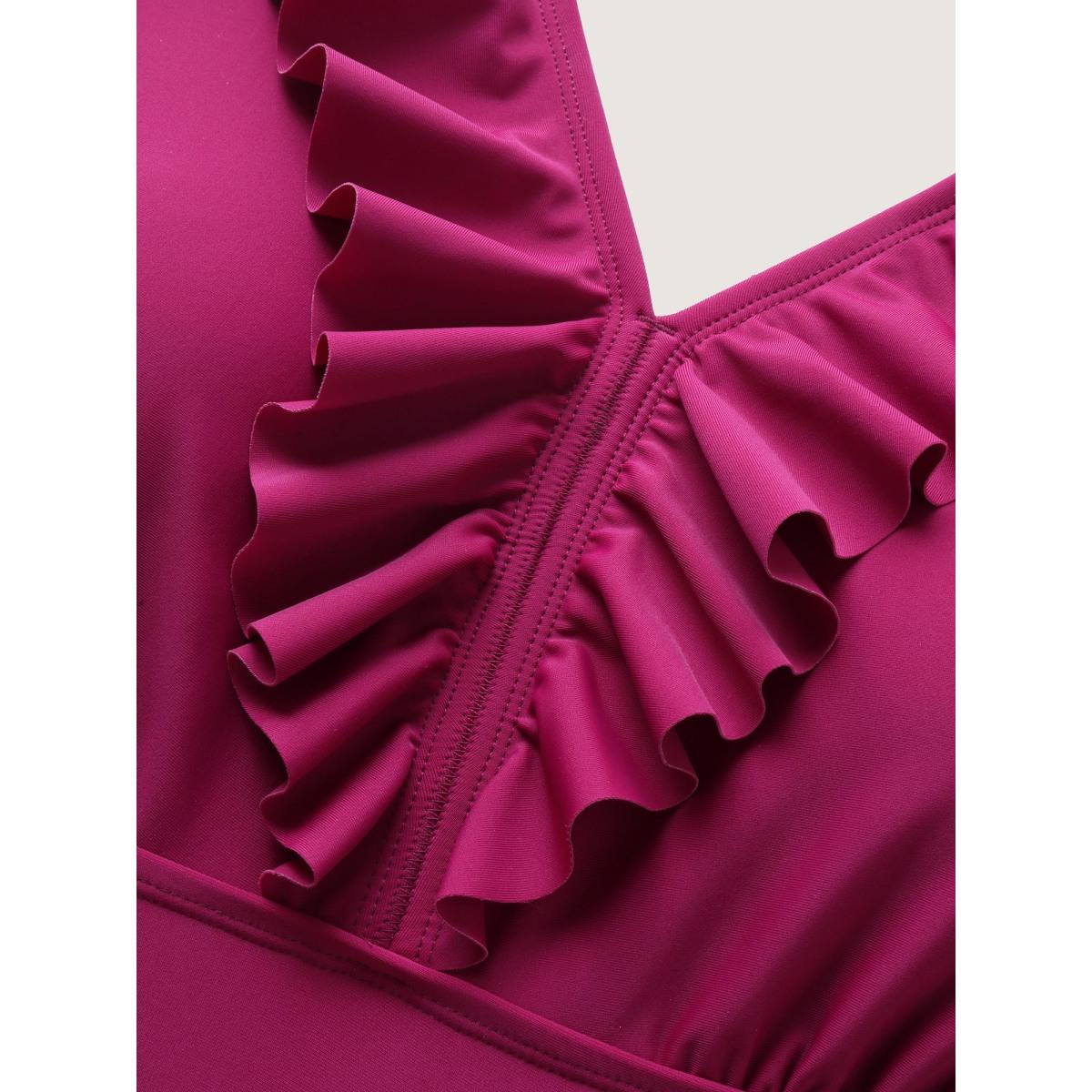 Plus Size Ruffled Fit and Flare Swim Dress Women's Swimwear Rosered Resort Bodycon V-neck High stretch Curve Swim Dresses BloomChic 18-20/2X Product Image