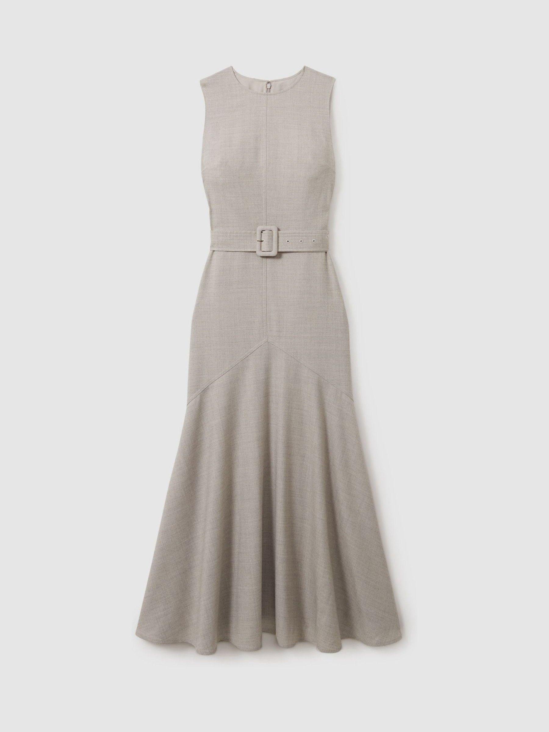 Belted Flared Midi Dress in Grey Product Image