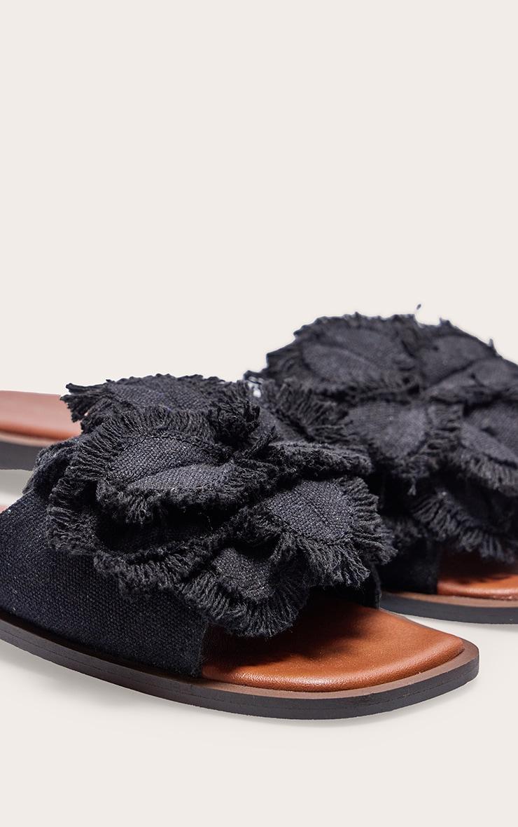 Black Linen Round Toe Flower Strap Mule Sandals Product Image