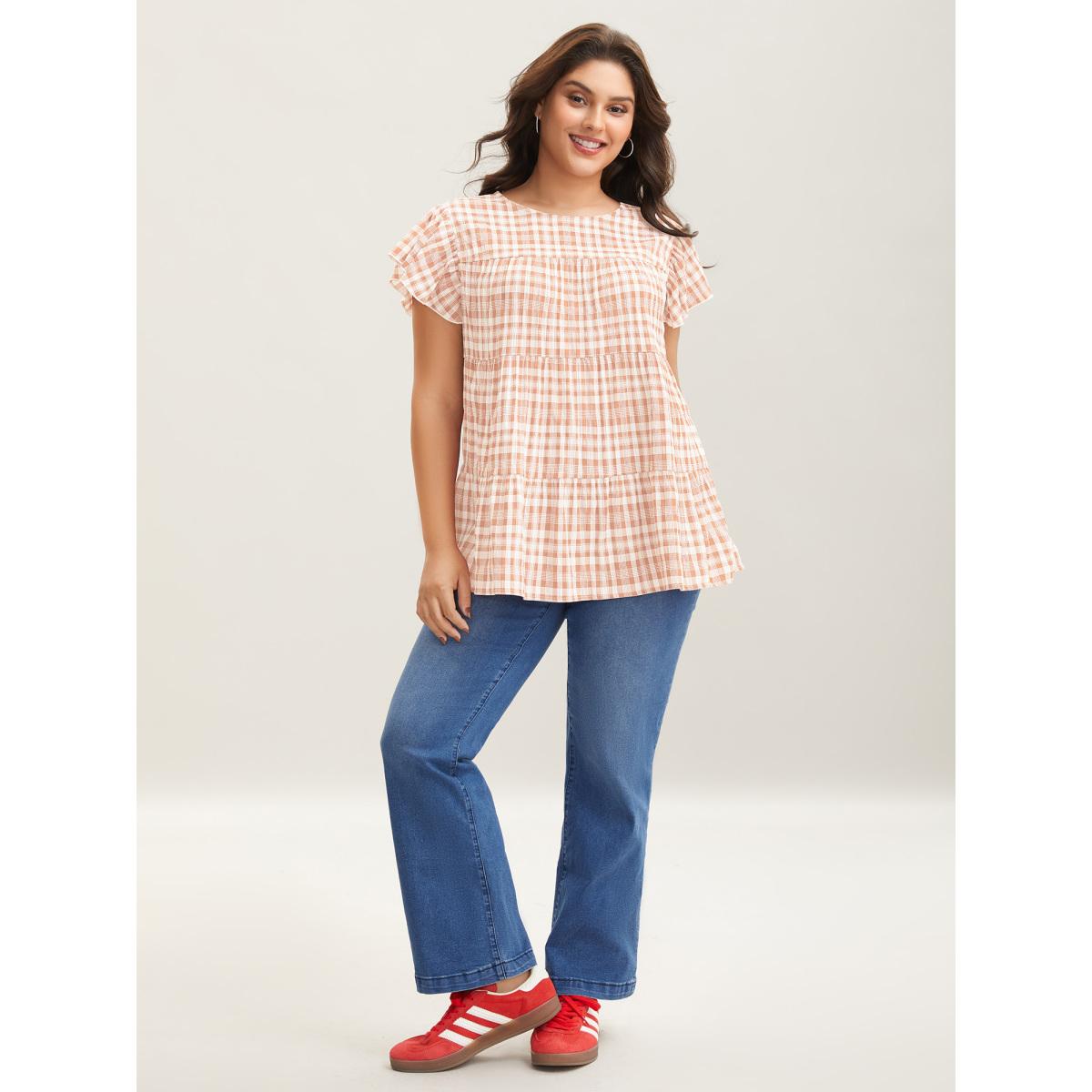 Plus Size Nudepink Plaid Print Textured Lotus Leaf Sleeve Shirt Women Casual Cap Sleeve Round Neck Everyday Blouses BloomChic 22-24/3X Product Image