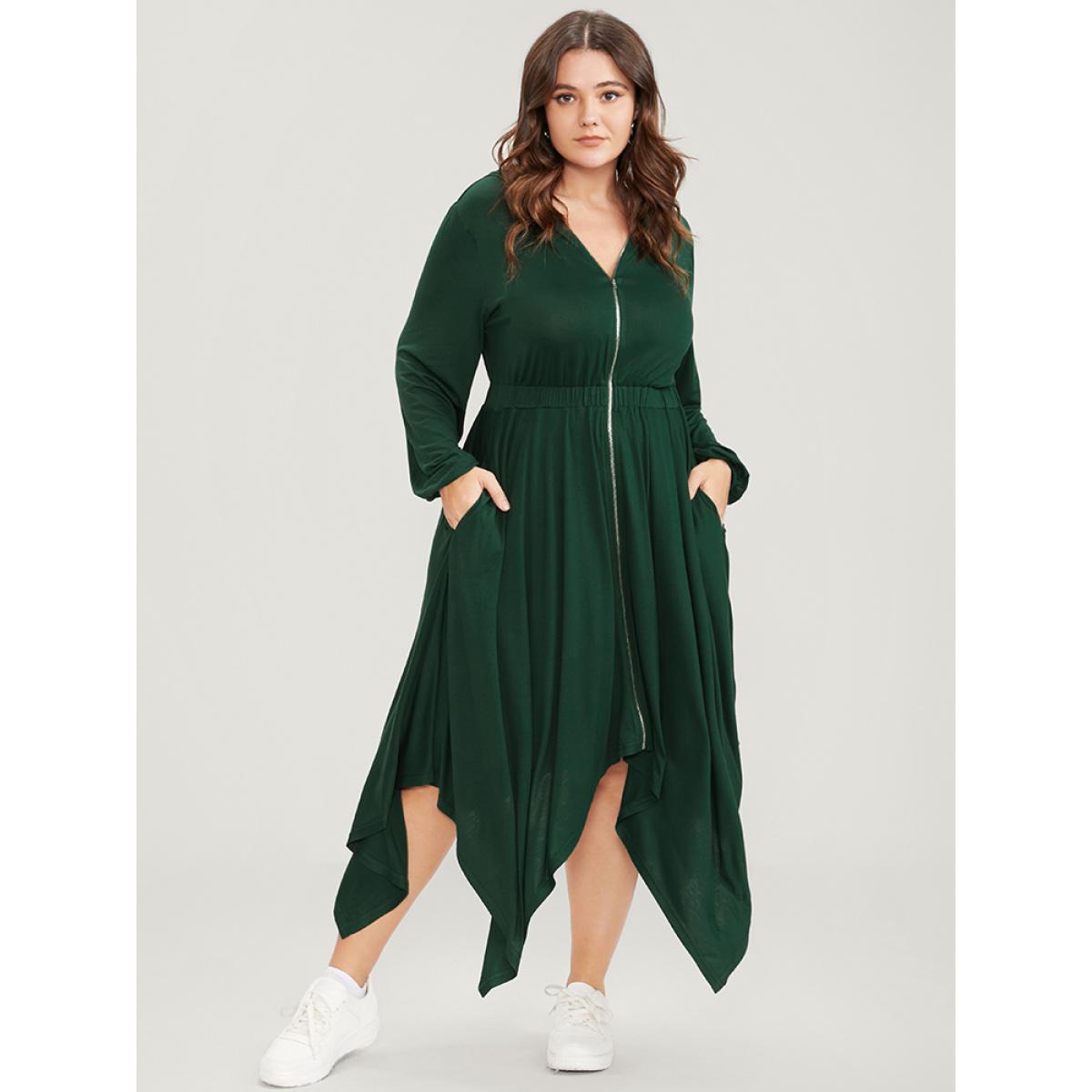 Plus Size Solid Pocket Zipper Up Hanky Hem Dress Green Women Elegant Elastic Waist Hooded Long Sleeve Curvy Long Dress BloomChic 26/4X Product Image