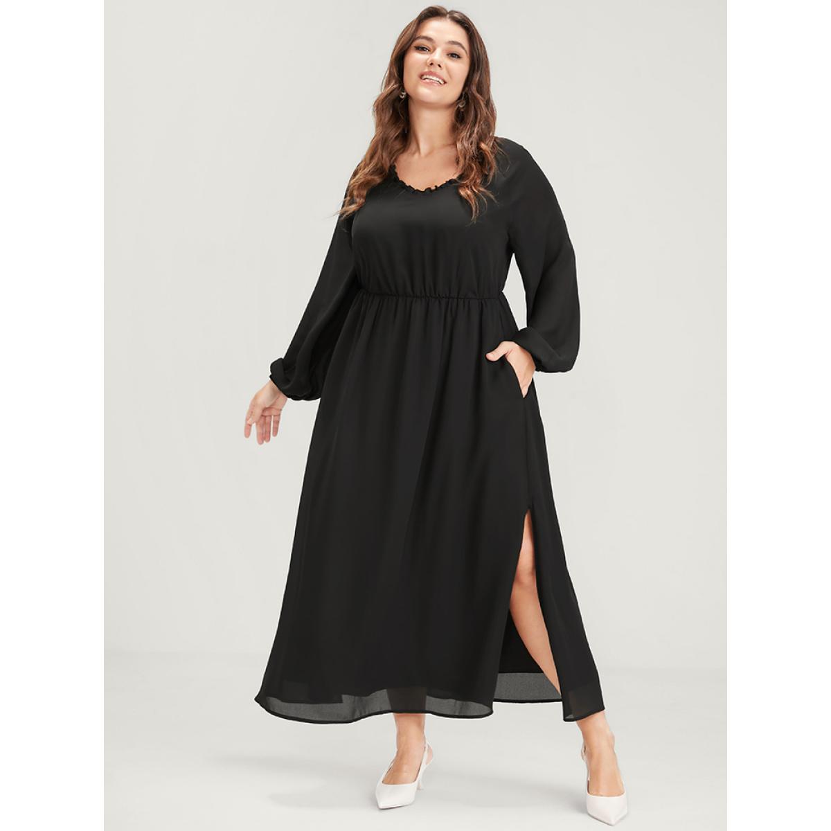 Plus Size Plain Lantern Sleeve Pocket Ruffle Trim V Neck Split Dress Black Women Elegant Elastic Waist V-neck Long Sleeve Curvy Midi Dress BloomChic 22-24/3X Product Image