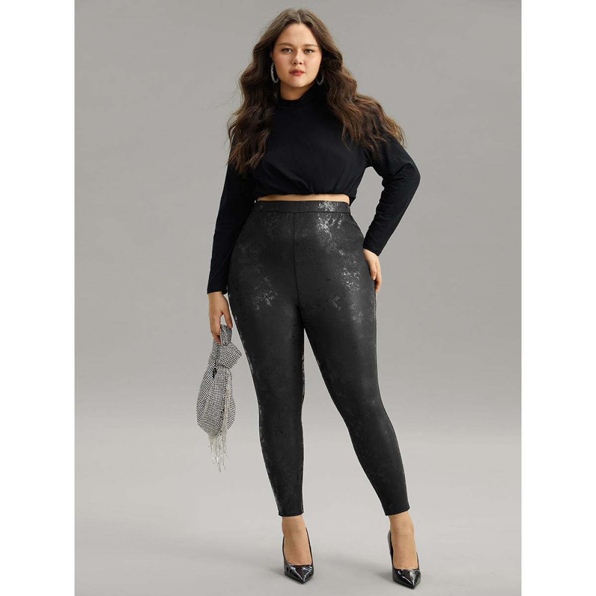Plus Size Vintage PU Leather Glitter Skinny Leggings Women Black Party High stretch Skinny High Rise Going out Leggings BloomChic 30/6X Product Image