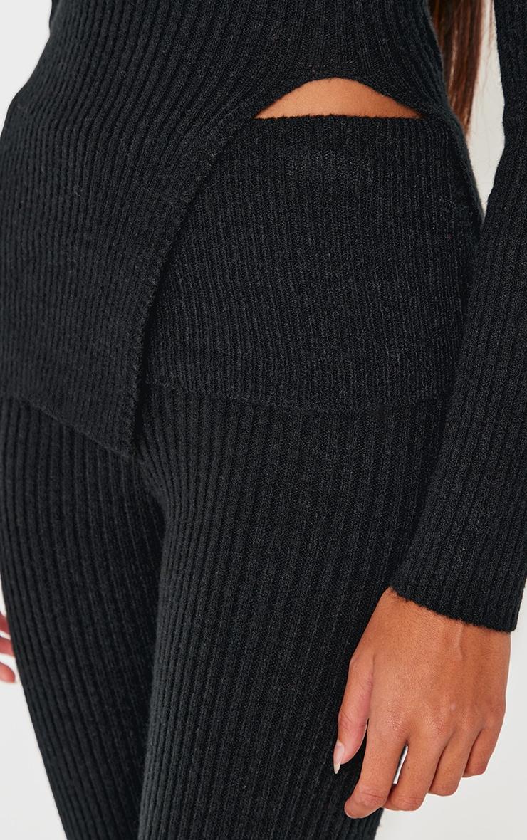 Black Flared Leg Knitted Fold Over Waist Pants Product Image