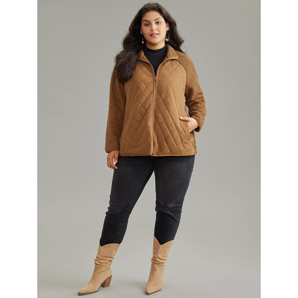 Plus Size Fuzzy Raglan Sleeve Quilted Zipper Fly Jacket Women Chocolate Casual Texture Ladies Dailywear Winter Coats BloomChic 12/L Product Image