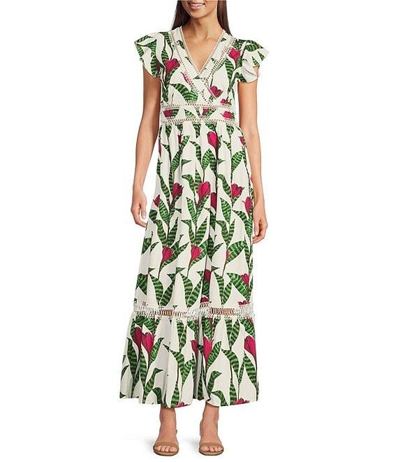 Layered With Love Poplin Floral Print V Neck Cap Flutter Sleeve A-Line Maxi Dress Product Image