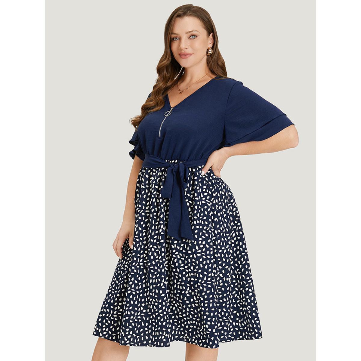 Plus Size Water Drop Print Patchwork Ruffle Zipper Belted Dress Navy Women Office Plain V-neck Short sleeve Curvy Midi Dress BloomChic 22-24/3X Product Image