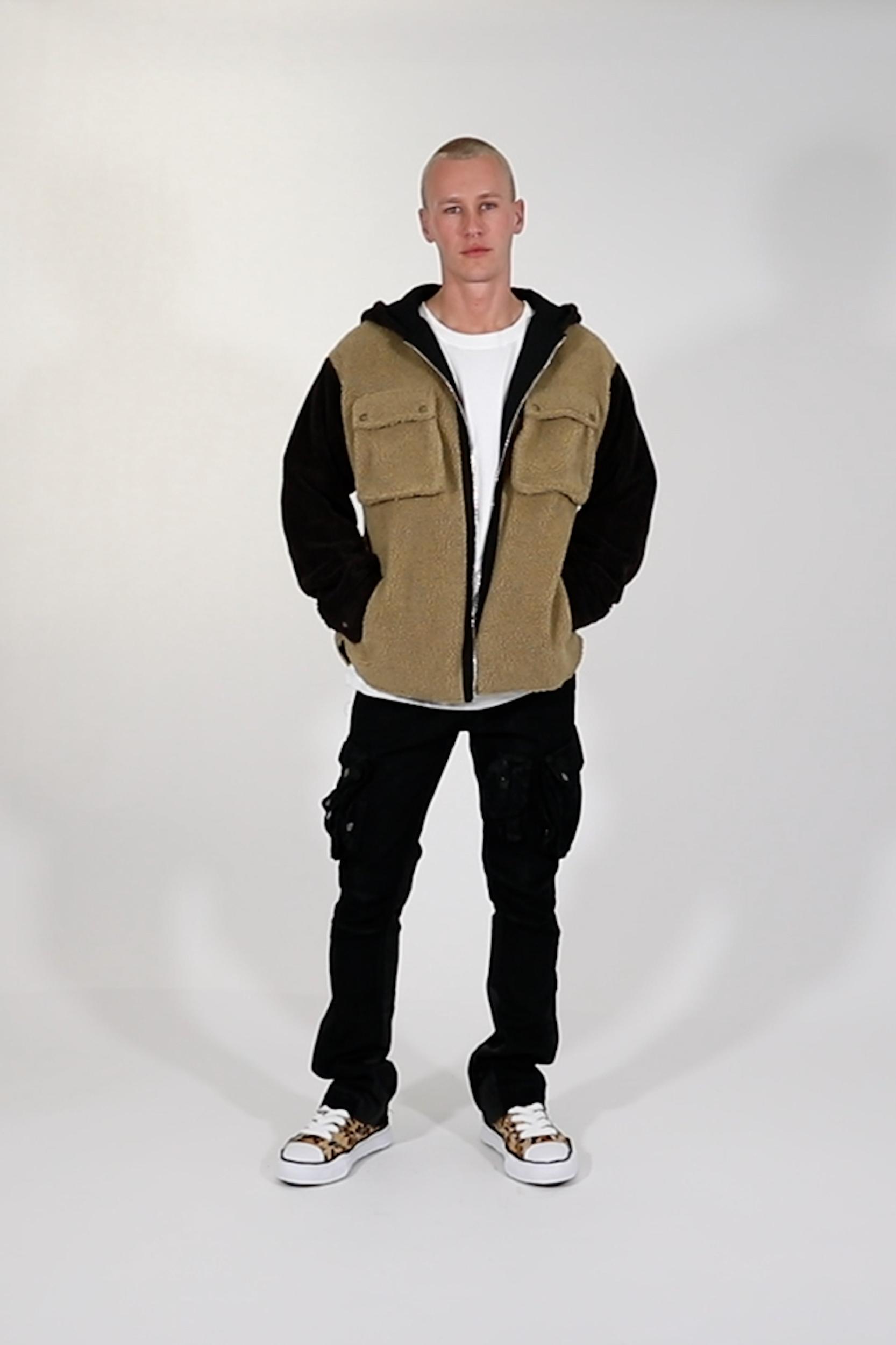 Two Tone Sherpa Zip Up Hoodie - Brown Product Image