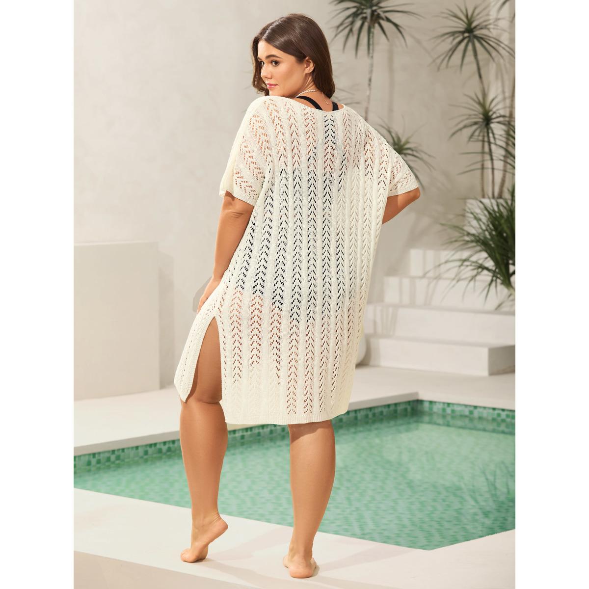 Plus Size Cut Out Textured Side Slit Swim Cover-Up Women's Swimwear Ivory Resort Loose Texture Curve Swim Cover Ups BloomChic 30/6X Product Image