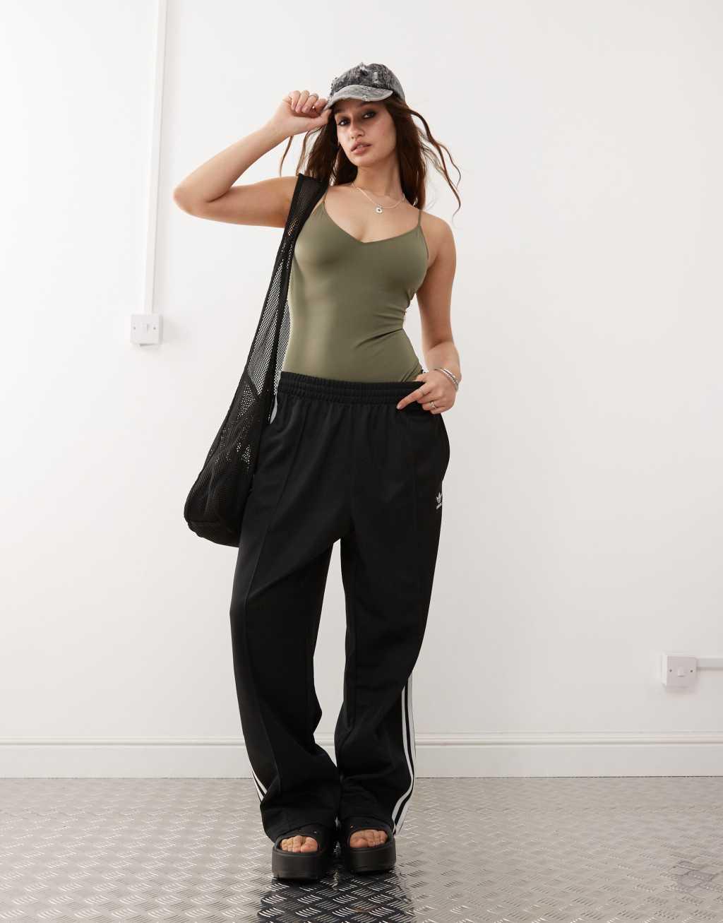 Monki tie up back swimsuit in khaki green Product Image