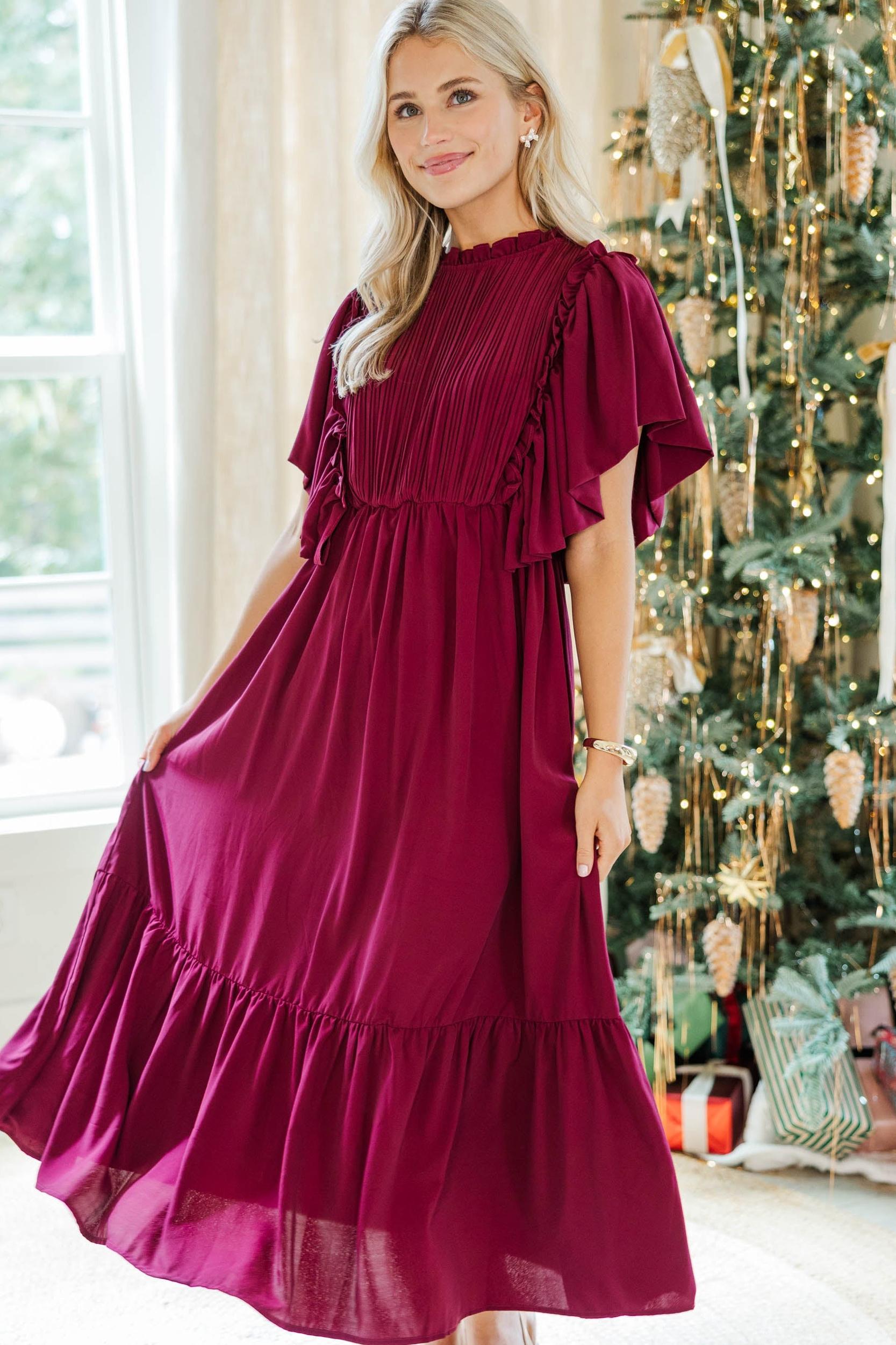 All The Good Burgundy Red Ruffled Midi Dress Female Product Image