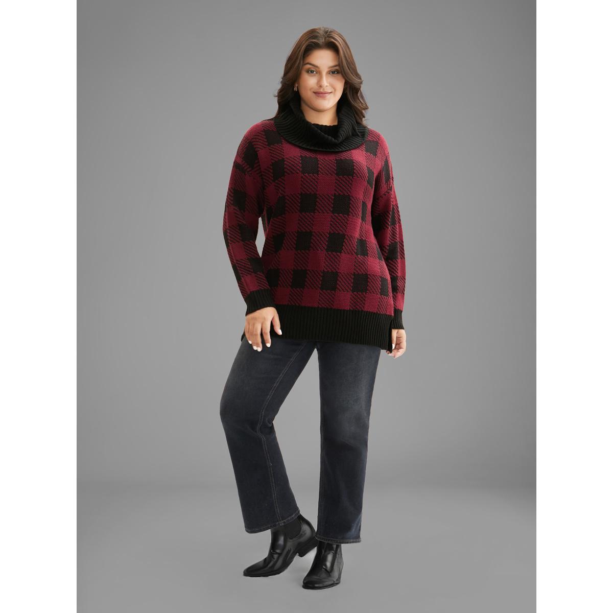 Plus Size Turtleneck Plaid Pattern Straight Fit Pullover Scarlet Women Casual Loose Long Sleeve Turtleneck Everyday Pullovers BloomChic 12/L Product Image
