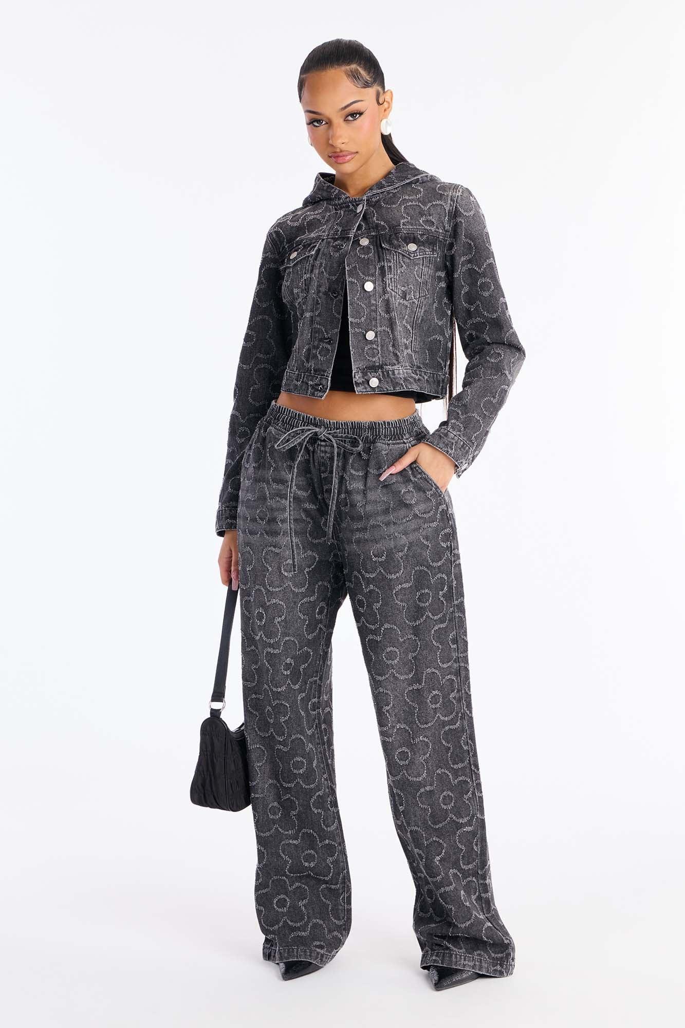 Flower Power Hooded Denim Jacket - Dark Grey Female Product Image