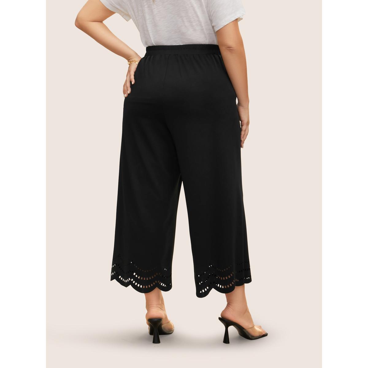 Plus Size Medium stretch Laser Cut Elastic Waist Pants Women Black Elegant Wide Leg Mid Rise Everyday Pants BloomChic 14-16/1X Product Image