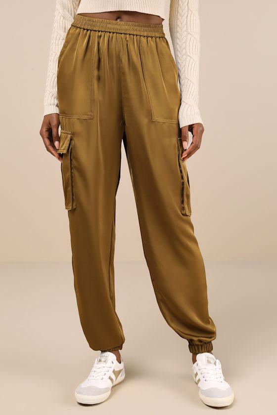 Chic Dedication Olive Green Satin High-Rise Cargo Jogger Pants Product Image
