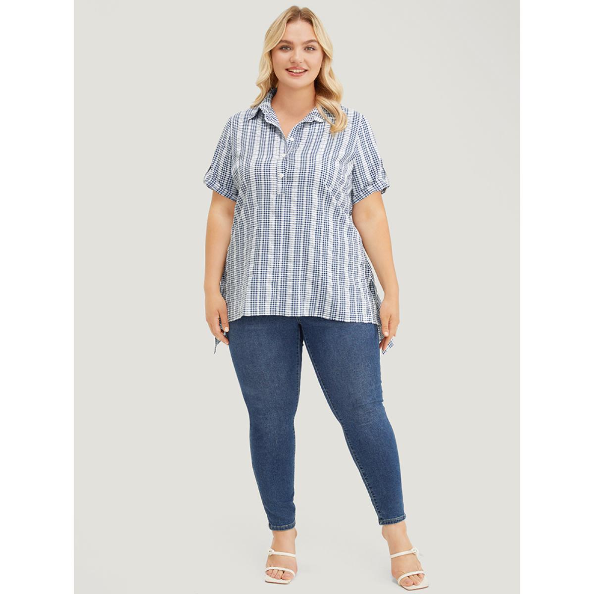 Plus Size Stone Plaid Shirt Collar Button Up Cuffed Sleeve Split Blouse Women Office Short sleeve Shirt collar Work Blouses BloomChic 22-24/3X Product Image