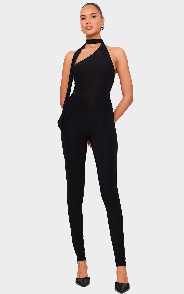 Black Double Layer Slinky One Shoulder Jumpsuit Product Image