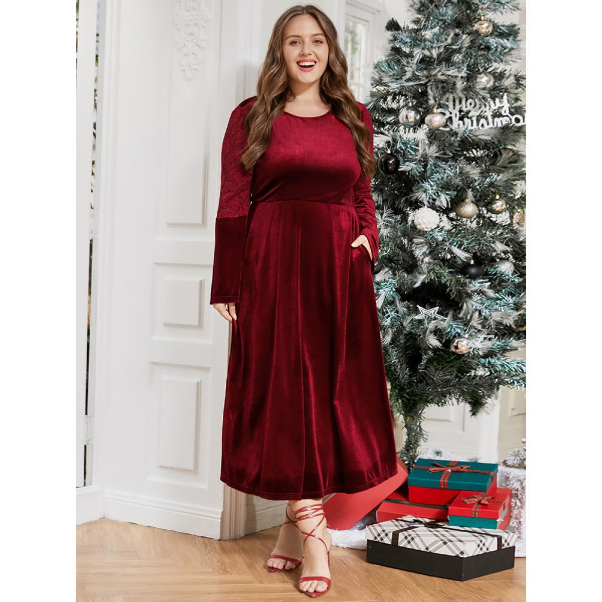 Plus Size Solid Lace Insert Bell Sleeve Pocket Velvet Dress Red Women Party Patchwork Round Neck Long Sleeve Curvy Midi Dress BloomChic 26/4X Product Image