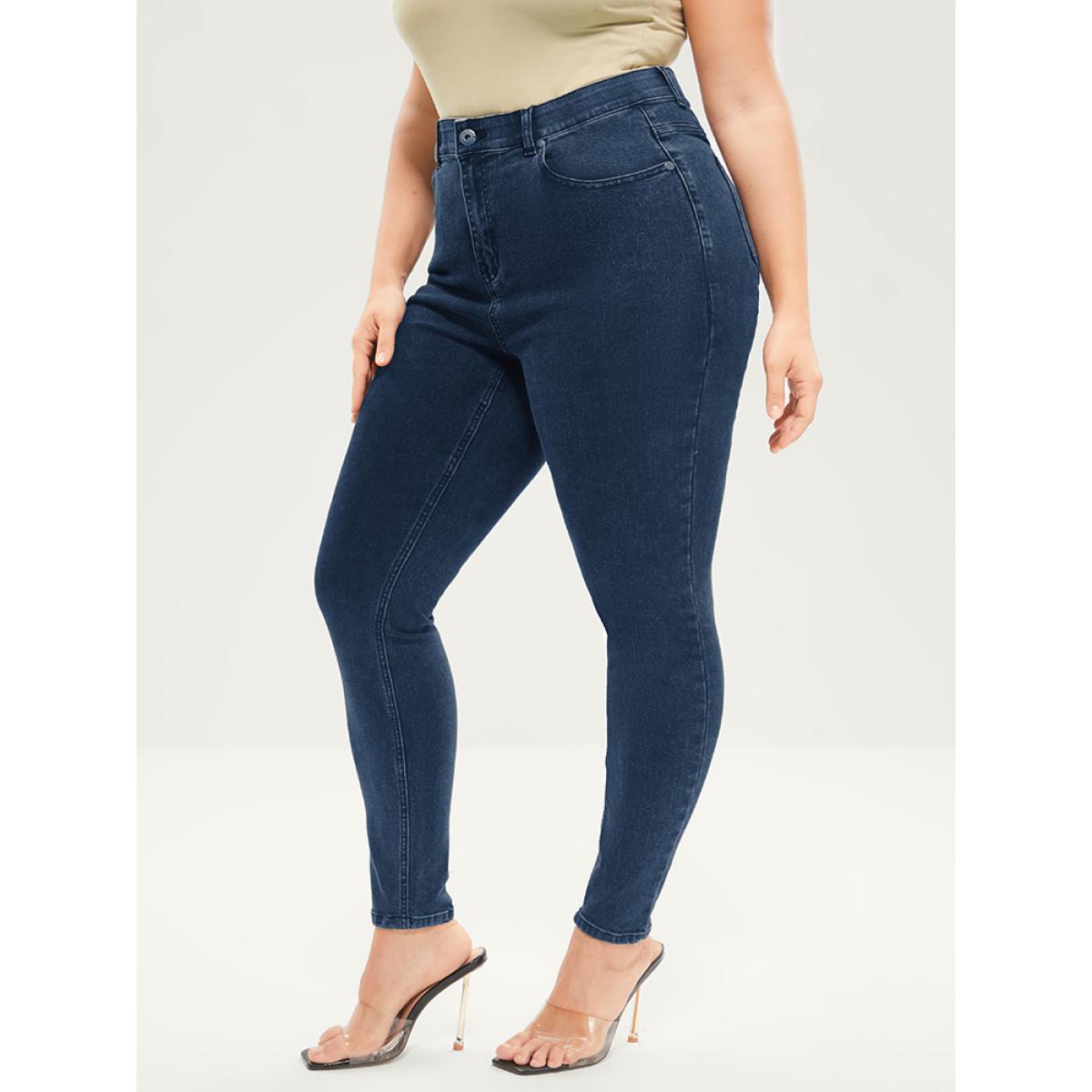 Plus Size Skinny Very Stretchy Mid Rise Dark Wash Gap Proof Jeans Women DarkBlue Office Plain Gap-proof High stretch Pocket Jeans BloomChic 30/6X Product Image