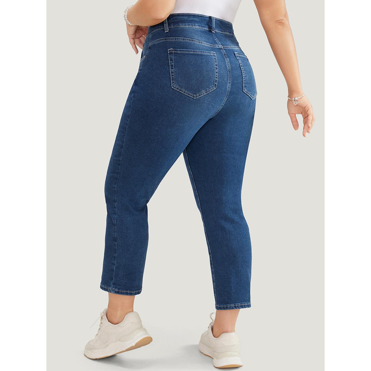 Plus Size Skinny Moderately Stretchy High Rise Dark Wash Jeans Women DarkBlue Casual Plain Medium stretch Jeans BloomChic 10/M Product Image