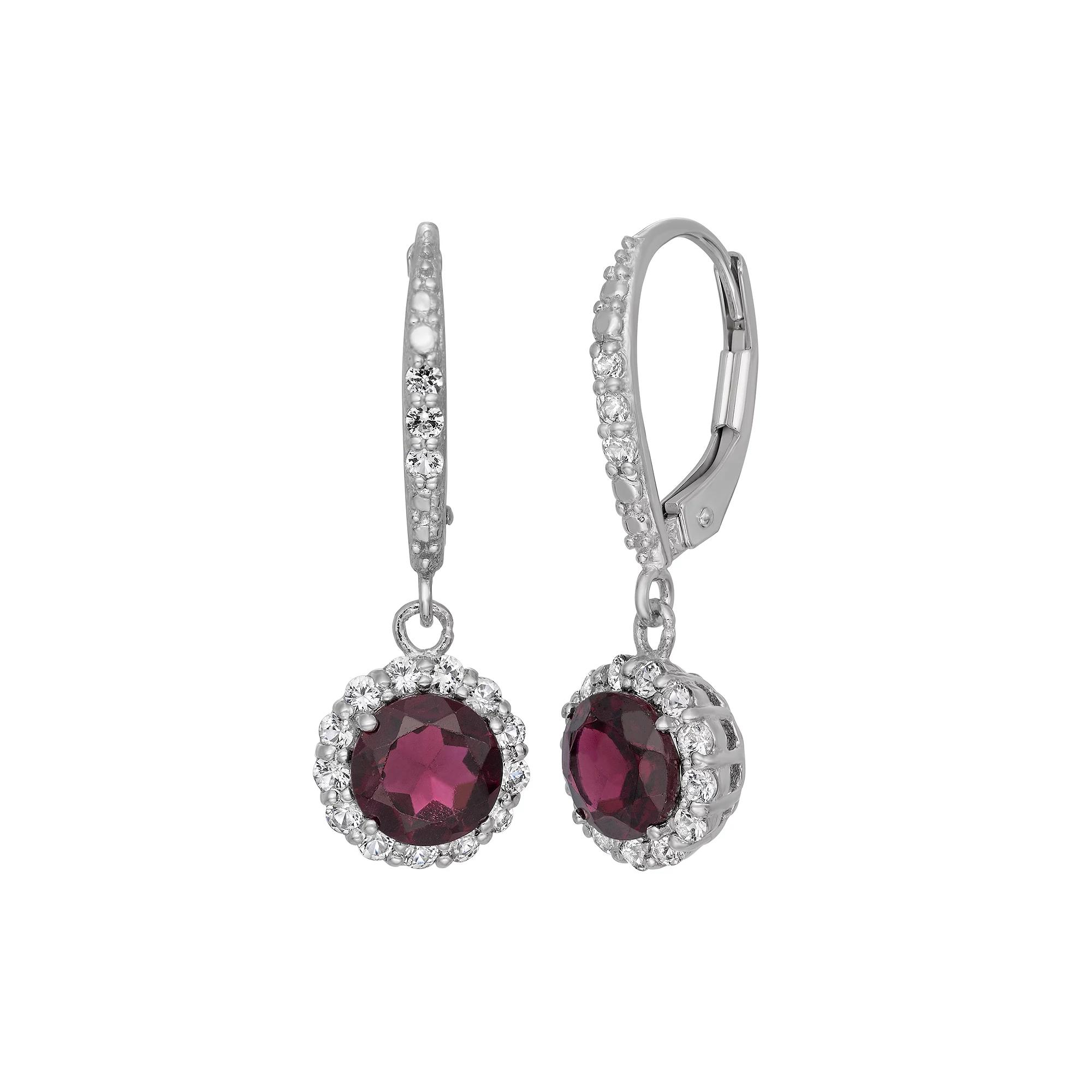 Garnet and Lab-Created White Sapphire Sterling Silver Halo Drop Earrings, Women's, Multi Product Image