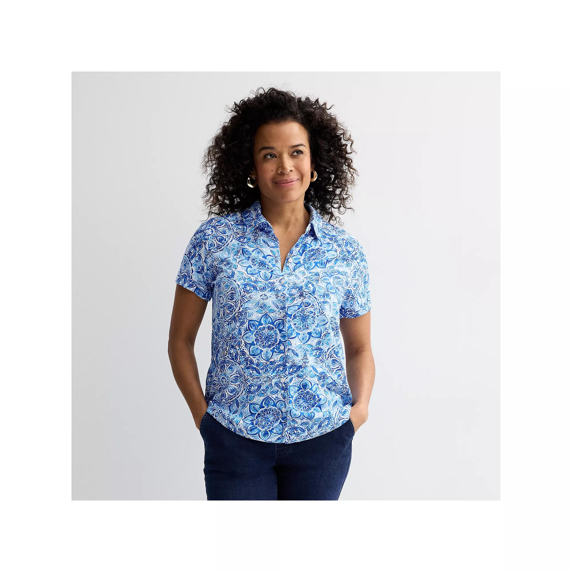Women's Croft & Barrow® Camp Shirt, Size: XXL, Blue Watercolor Tile Product Image