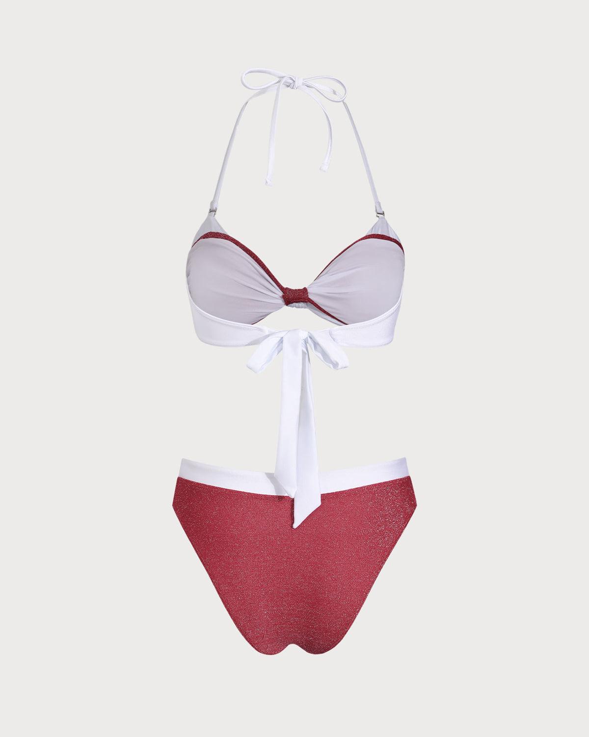 Red Knit Contrast Color Fake Two Piece Bikini Set Product Image